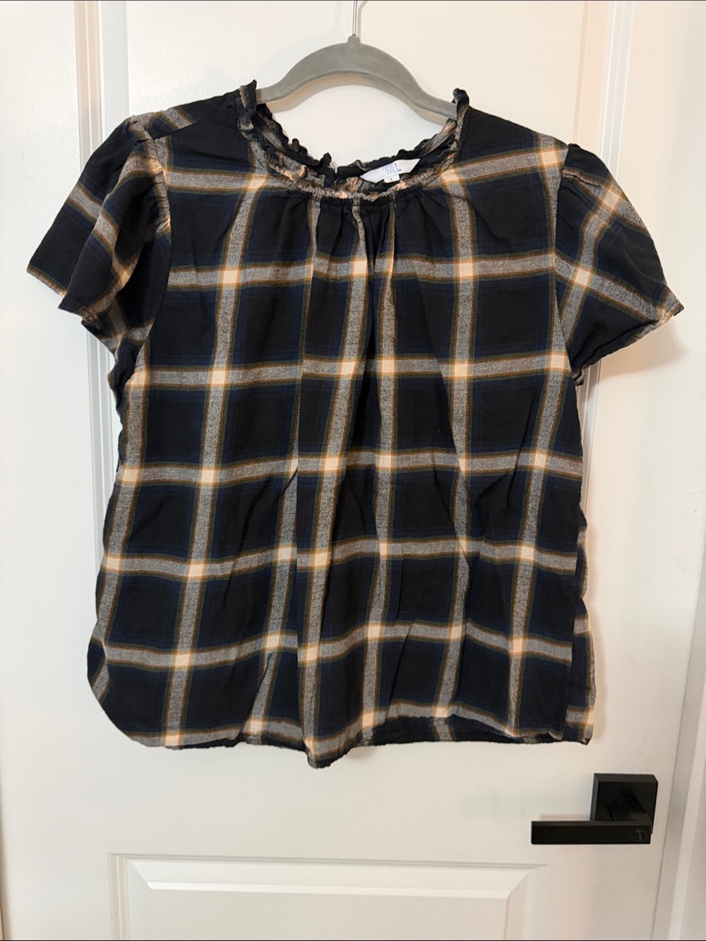 Time and Tru Black Plaid Short-Sleeve Blouse with Cream and Tan Stripes